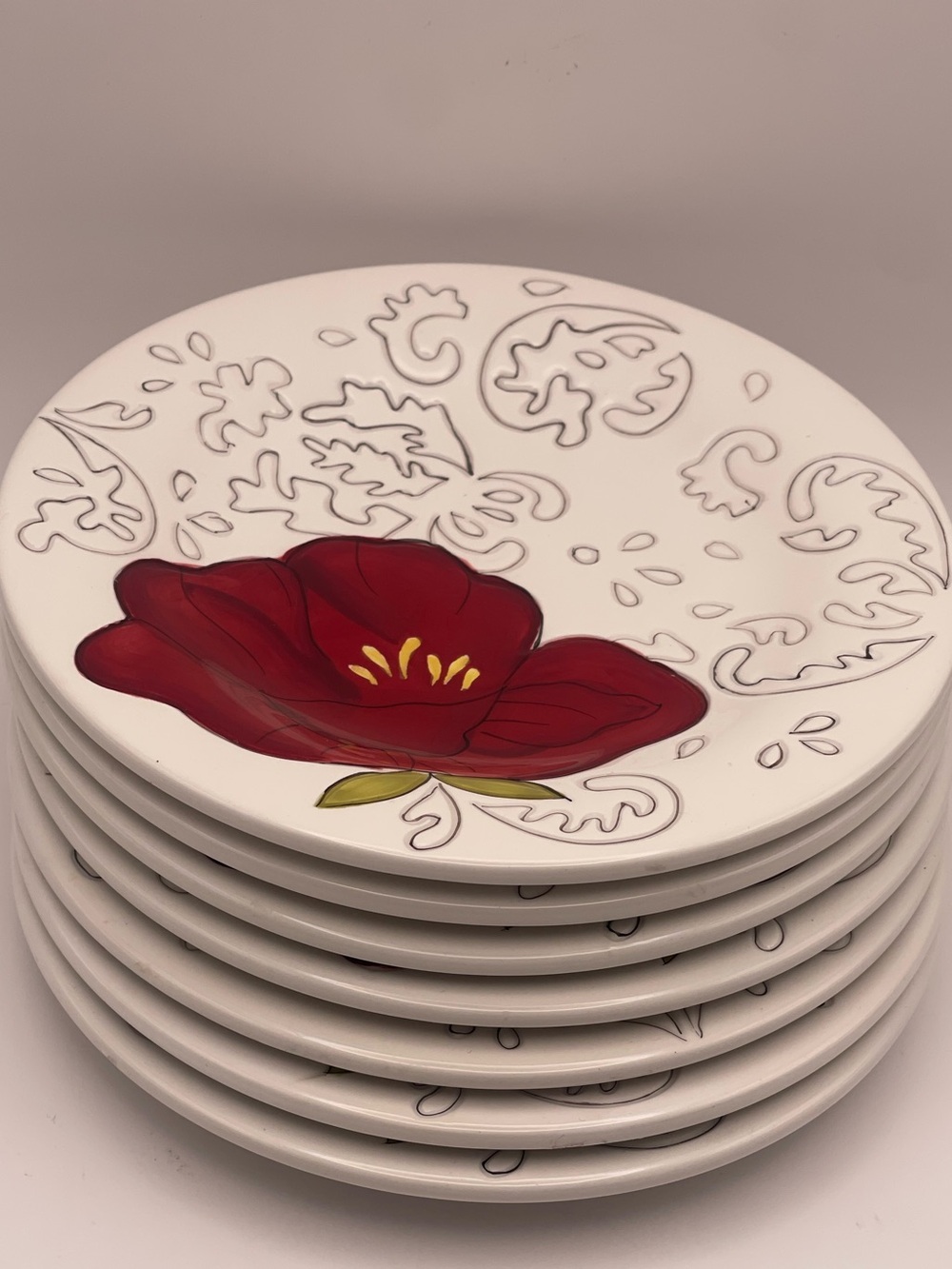 Laurie Gates Dehlia Dessert Plates Red Floral Embossed Stoneware 7” | Set of 7